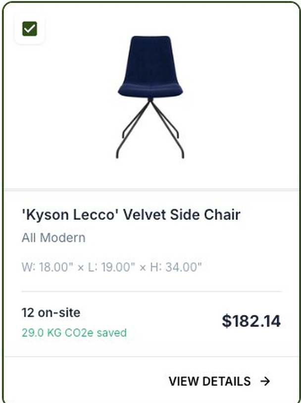 A RESEAT ID record showing on-site count, CO2e saved, and resale price